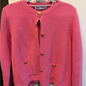 Zara Vibrant Pink Knit Cardigan with Gold Accents